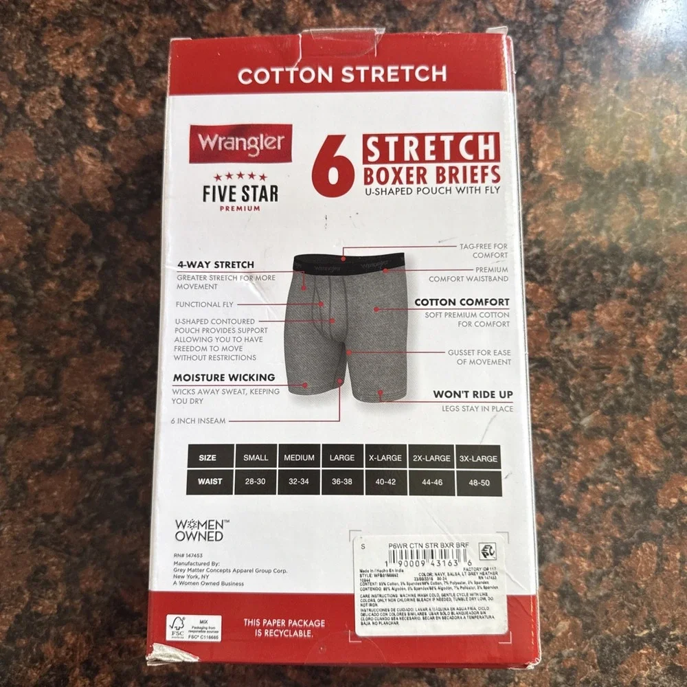 Wrangler Workwear Boxer Briefs 6 Pack Stretch Size S 28-30 Cotton Comfort